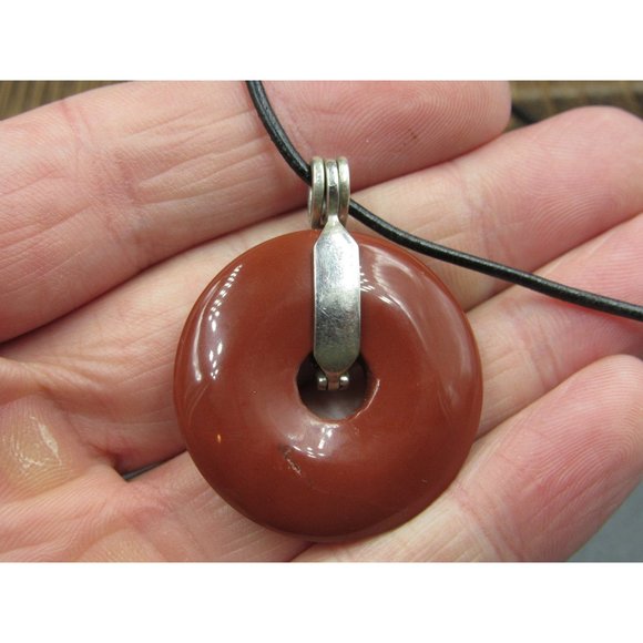 18" Sterling Silver & Leather Brown Circle Stone Necklace Vintage Minimalist - Picture 3 of 7
